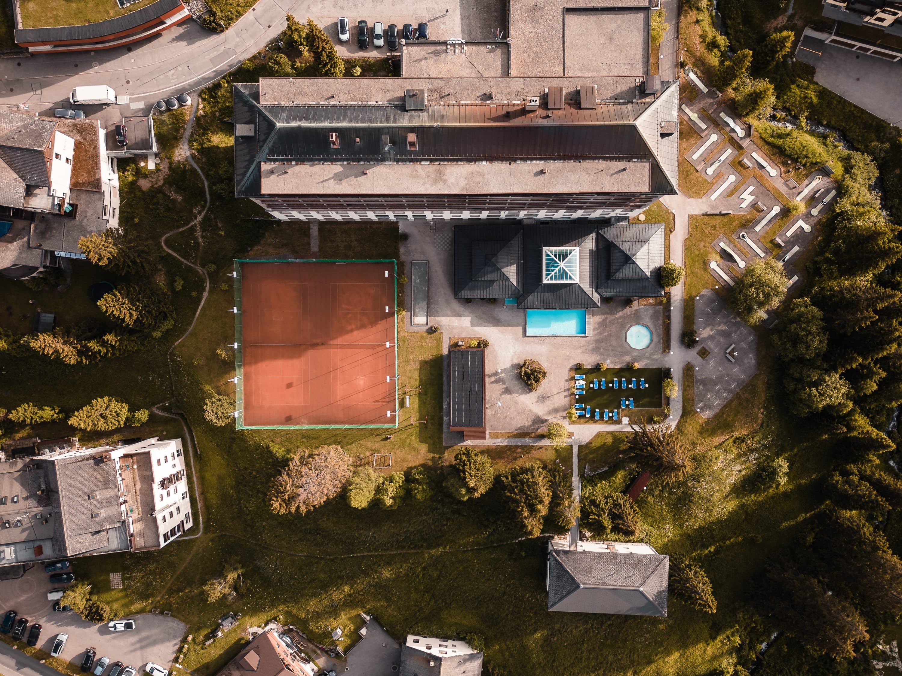 Aerial view of an alpine resort at dusk
